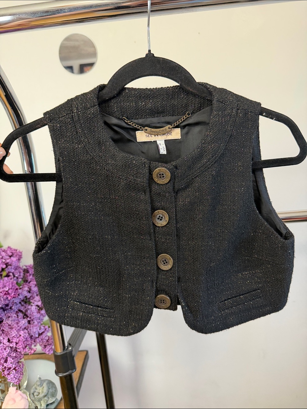 See by Chloé Tweed Cropped Vest Black Metallic Button Front Size US 4